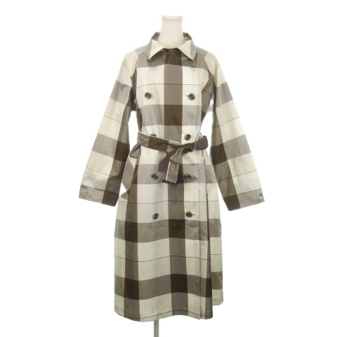 【中古】アクアスキュータム AQUASCUTUM スプリングコート レインコート ベルト チェック 総柄 M〜L 茶 ブラウン