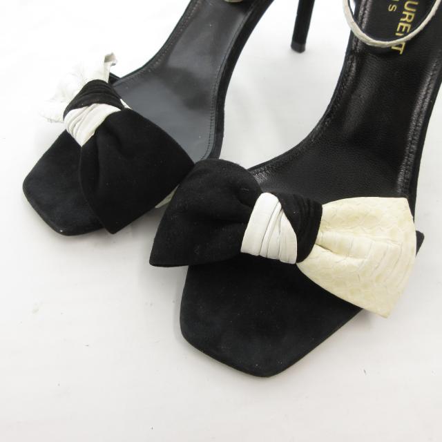 【中古】サンローラン パリ SAINT LAURENT PARIS サンダル ハイヒール リボン パイソンレザー バイカラー 37 白 黒_2