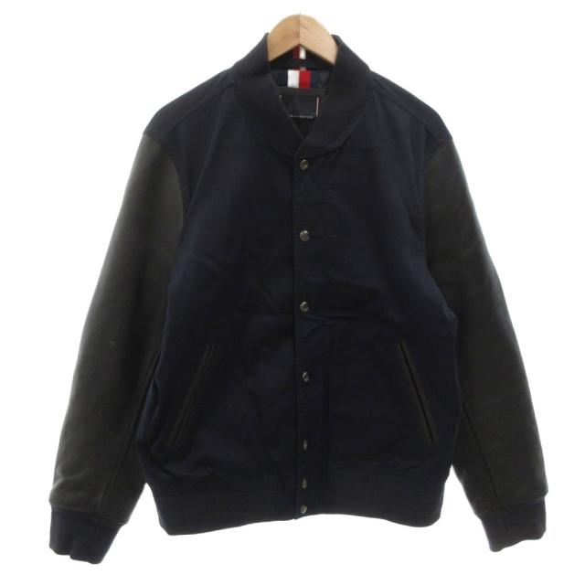 【中古】トミーヒルフィガー TOMMY HILFIGER スタジャン ジャケット ブルゾン レザー切替 XL 紺 ネイビー 黒