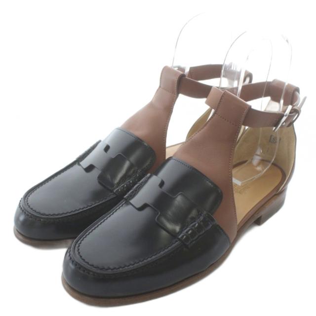 【中古】エルメス HERMES サンダル ローファー レザー アンクルストラップ 38 24.5cm 黒 ブラック 茶色 ブラウン
