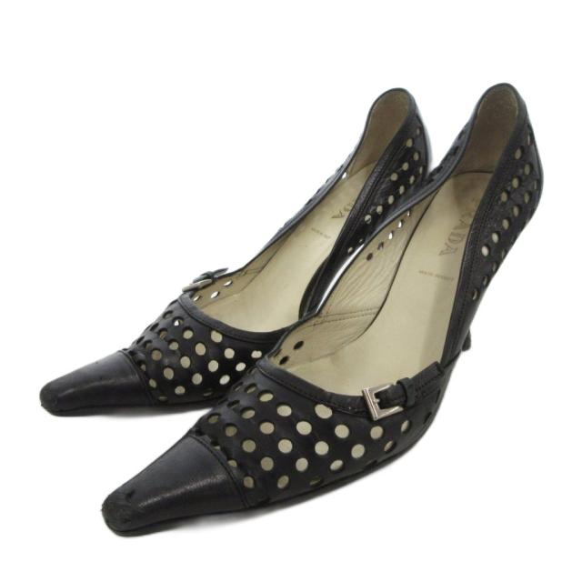 【中古】プラダ PRADA パンプス ハイヒール レザー 34.5 黒 ブラック パンチング ポインテッドトゥ バックル付き