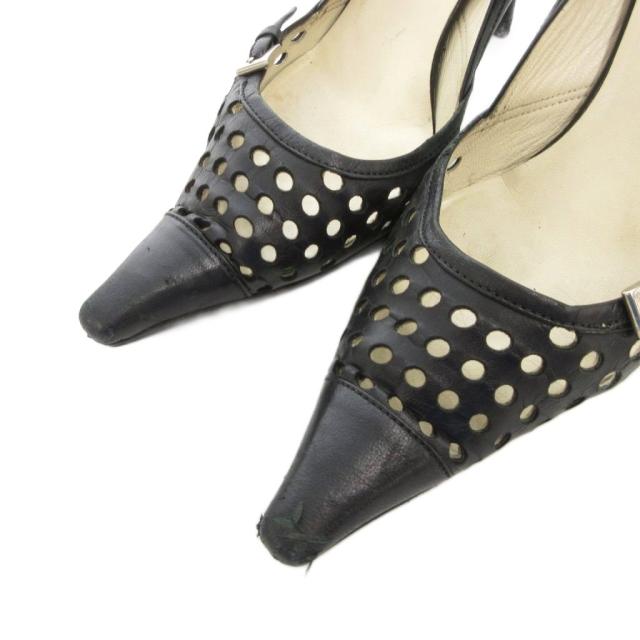 【中古】プラダ PRADA パンプス ハイヒール レザー 34.5 黒 ブラック パンチング ポインテッドトゥ バックル付き_2