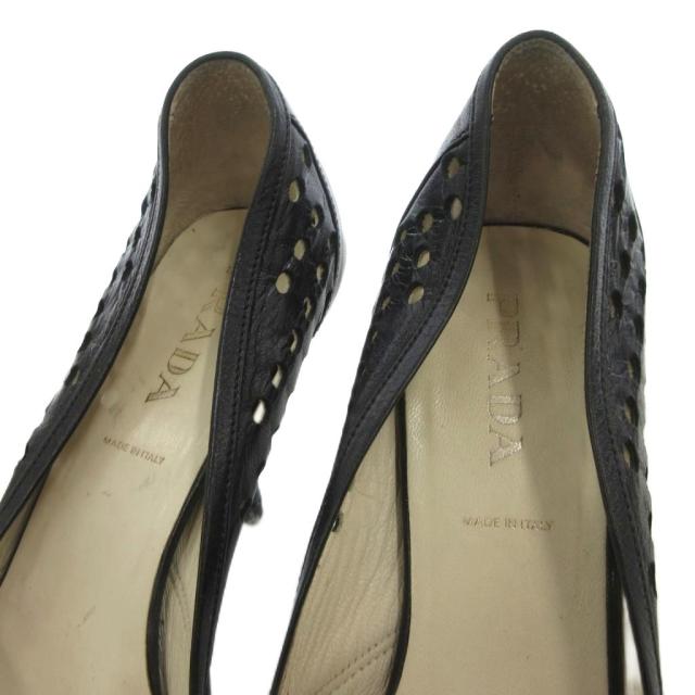 【中古】プラダ PRADA パンプス ハイヒール レザー 34.5 黒 ブラック パンチング ポインテッドトゥ バックル付き_4
