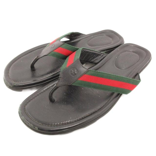 【中古】グッチ GUCCI 429362 トングサンダル ビーサン シェリーライン レザー 10 31 黒 ブラック /JS ■GY03