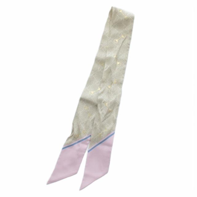 【中古】グッチ GUCCI スカーフ ネックボウ 絹 シルク GG柄 ホースビット 総柄 ベージュ ピンク 663719