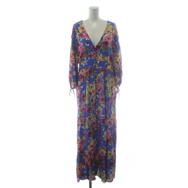 【中古】セザンヌ SEZANE ワンピース ドレス ロング 38 青 ブルー マルチカラー 花柄 Vネック 七分袖
