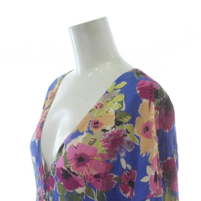 【中古】セザンヌ SEZANE ワンピース ドレス ロング 38 青 ブルー マルチカラー 花柄 Vネック 七分袖_3