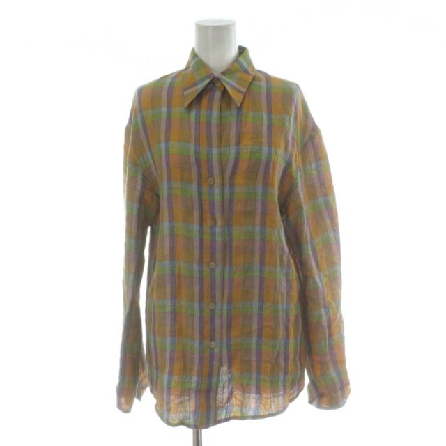 【中古】ボッテガヴェネタ BOTTEGA VENETA シャツ ブラウス 麻 リネン S 黄 イエロー マルチカラー チェック柄
