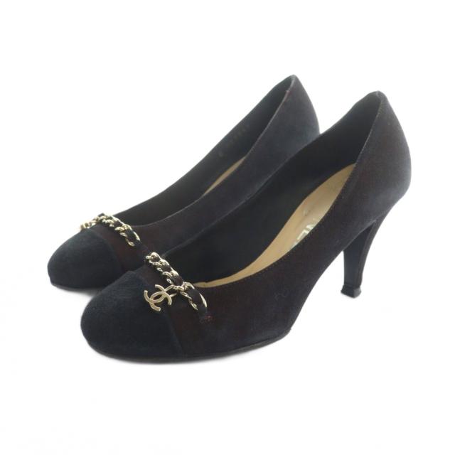 【中古】シャネル CHANEL パンプス スエード ココマーク チェーン ロゴ 34.5 21cm 赤 レッド 茶 ブラウン ■GY64