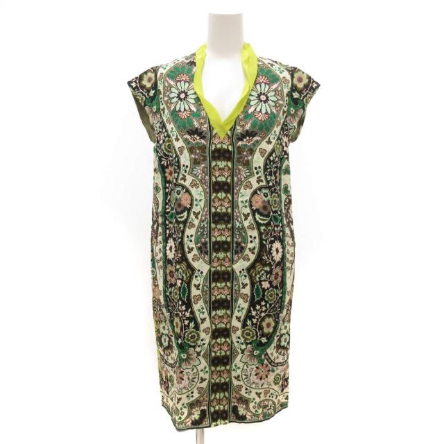 【中古】エトロ ETRO ワンピース 絹 シルク 38 緑 グリーン ボタニカル柄 Vネック 半袖 ロング /JS ■GY42