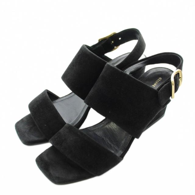 【中古】CELINE フィービー期 サンダル スエード オープントゥ チャンキーヒール アンクルストラップ 36 23?p 黒
