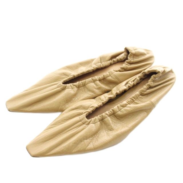 【中古】BOTTEGA VENETA パンプス フラットシューズ レザー スクエアトゥ ギャザー 36.5 23.5cm 茶色