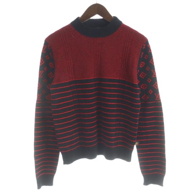 【中古】ルイヴィトン ニット セーター 長袖 カシミヤ ウール混 モノグラム M 黒 ブラック 赤 レッド FJKL08XZN