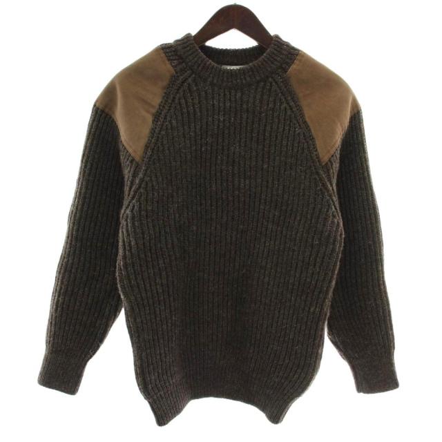 【中古】BLACK SHEEP ニット セーター 厚手 ウール 牛革 スエード 長袖 クルーネック エルボーパッチ S 茶色
