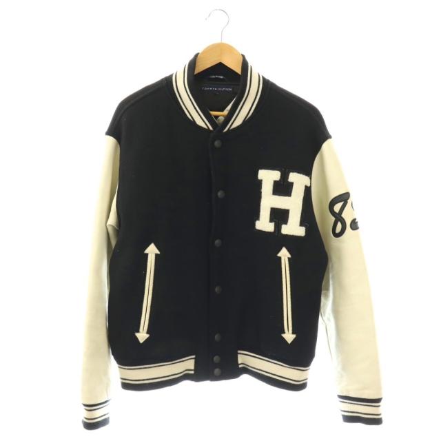 【中古】トミーヒルフィガー TOMMY HILFIGER ジャケット ブルゾン スタジャン 袖レザー 中綿 Hロゴ L 紺 白 /YM