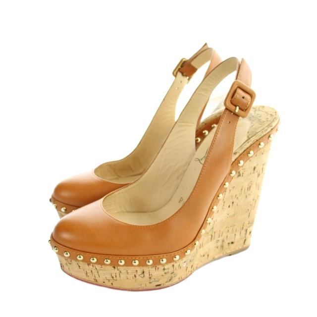 【中古】クリスチャンルブタン Christian louboutin パンプス オープンバック ウェッジソール レザー ロゴ スタッズ