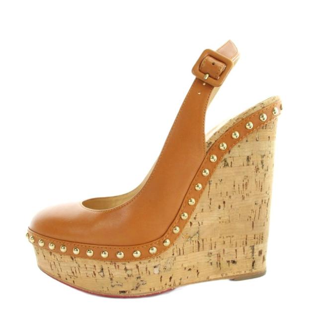 【中古】クリスチャンルブタン Christian louboutin パンプス オープンバック ウェッジソール レザー ロゴ スタッズ_1