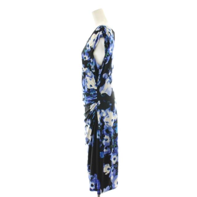 【中古】ローレンラルフローレン ワンピース タイト ミモレ ロング フレンチスリーブ ギャザー 花柄 8 黒 青