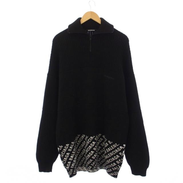 【中古】バレンシアガ BALENCIAGA 20AW ロゴタイプ総柄うつり変わり ハーフジップ 編み物 プルオーバー 毛糸 S 黒 黒いこと 長袖