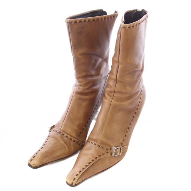 【中古】プラダ PRADA ショートブーツ ポインテッドトゥ レザー ステッチ ベルト 36 ベージュ /TK ■GY99 レディース