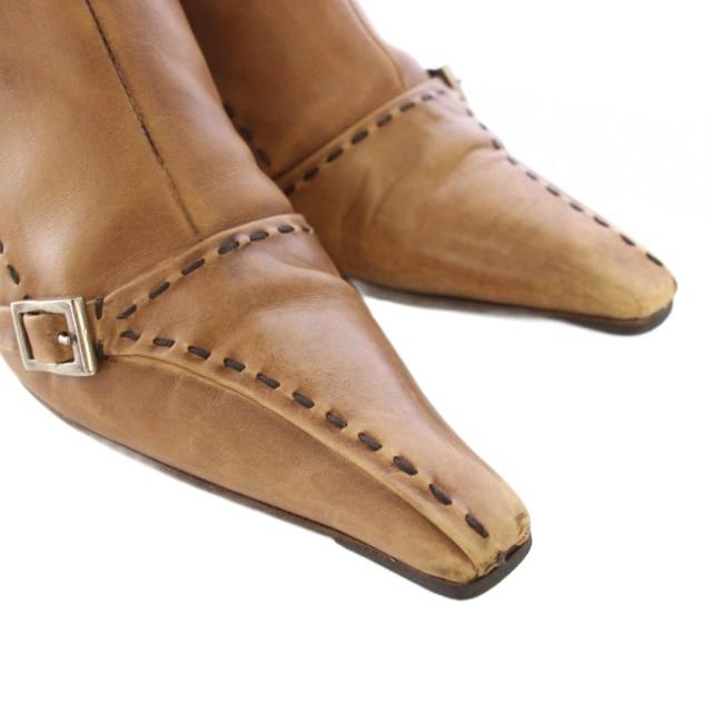 【中古】プラダ PRADA ショートブーツ ポインテッドトゥ レザー ステッチ ベルト 36 ベージュ /TK ■GY99 レディース_2