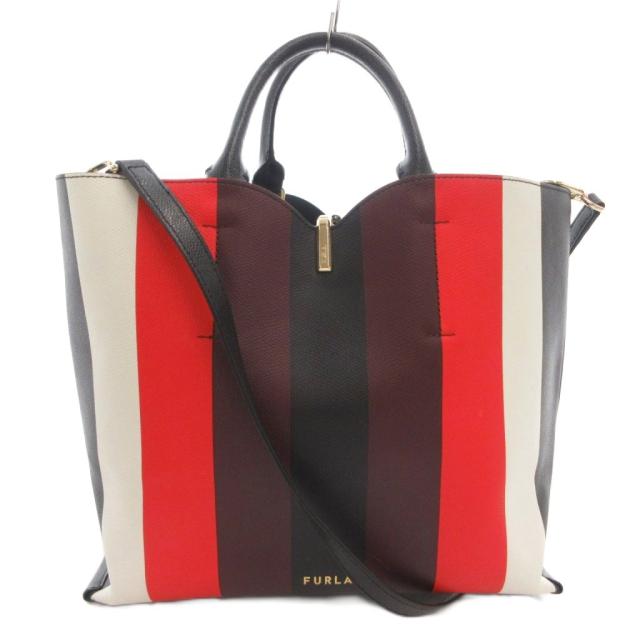 【中古】フルラ FURLA RIBBON M BUCKET BAG トートバッグ 肩先 2WAY なめし革 縞模様 黒 黒いこと