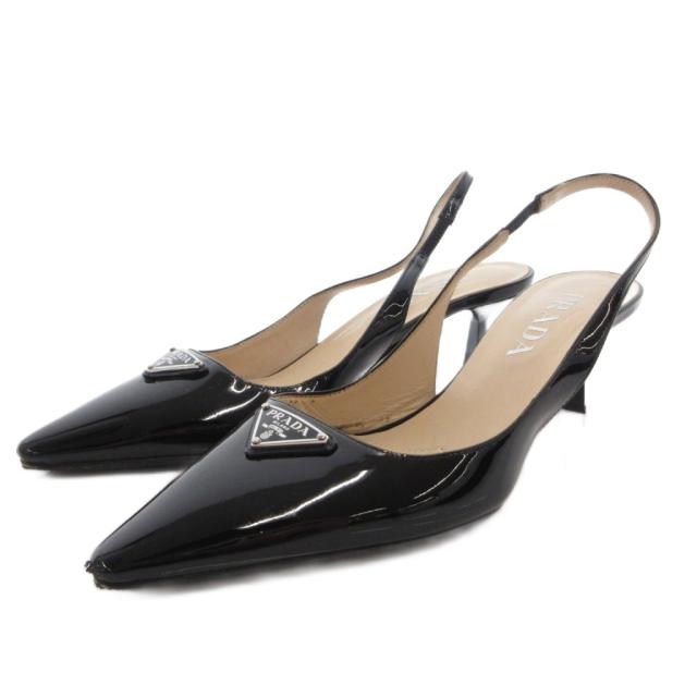 【中古】プラダ PRADA パンプス ミュール エナメル ポインテッドトゥ 三角プレート 35 黒 ブラック /FF ■GY19