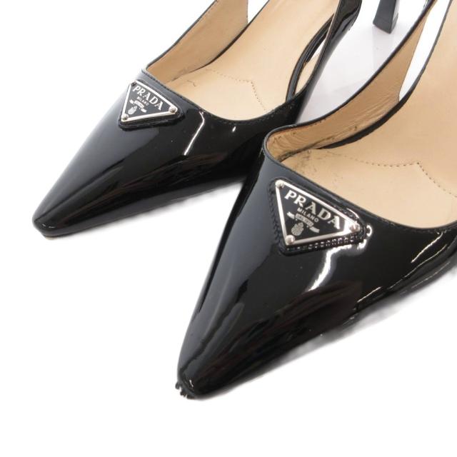 【中古】プラダ PRADA パンプス ミュール エナメル ポインテッドトゥ 三角プレート 35 黒 ブラック /FF ■GY19_2