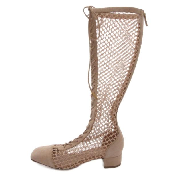 【中古】クリスチャンディオール Christian Dior ロングブーツ メッシュ レースアップ スエード 35 ピンクベージュ_1