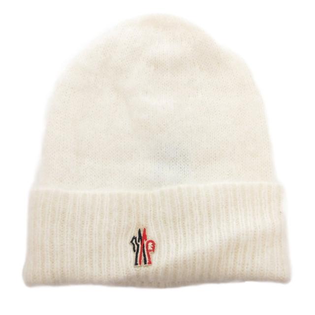 【中古】モンクレール MONCLER GRENOBLE ビーニー ニット帽 ニットキャップ ロゴワッペン 刺繍 白 ホワイト