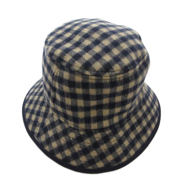 【中古】グッチ GUCCI バケットハット 帽子 ウール シルク混 チェック柄 裏地 ビッグGG柄 M ネイビー ベージュ /FF