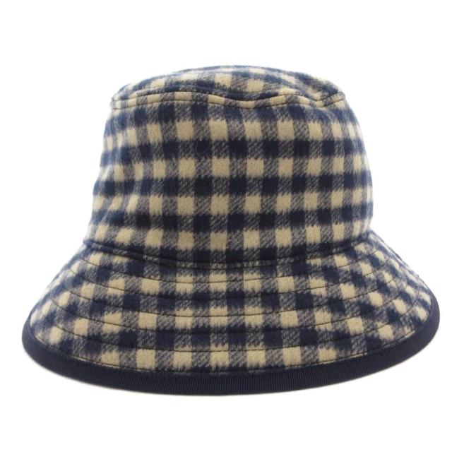 【中古】グッチ GUCCI バケットハット 帽子 ウール シルク混 チェック柄 裏地 ビッグGG柄 M ネイビー ベージュ /FF_1