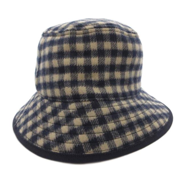 【中古】グッチ GUCCI バケットハット 帽子 ウール シルク混 チェック柄 裏地 ビッグGG柄 M ネイビー ベージュ /FF_2