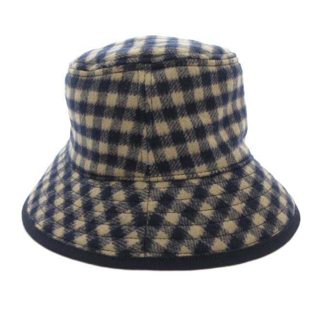 【中古】グッチ GUCCI バケットハット 帽子 ウール シルク混 チェック柄 裏地 ビッグGG柄 M ネイビー ベージュ /FF_3