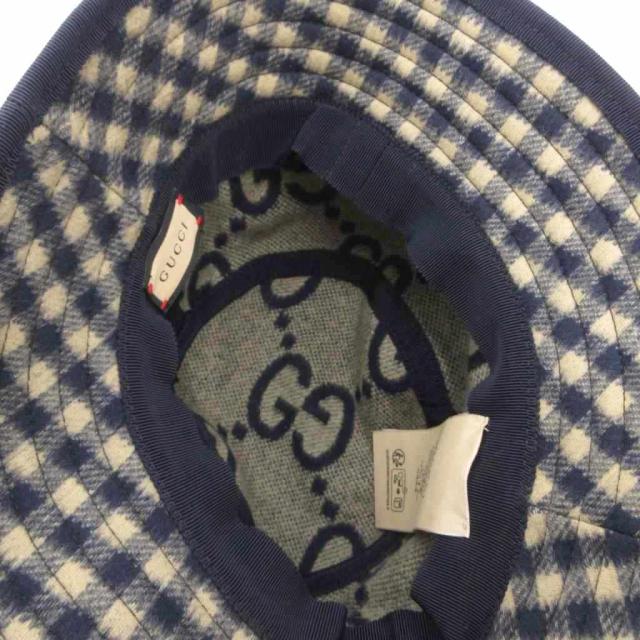 【中古】グッチ GUCCI バケットハット 帽子 ウール シルク混 チェック柄 裏地 ビッグGG柄 M ネイビー ベージュ /FF_4