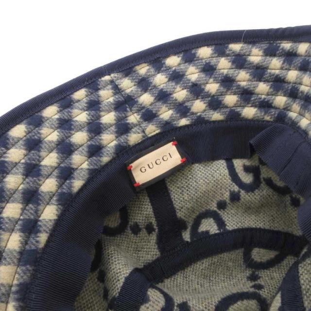 【中古】グッチ GUCCI バケットハット 帽子 ウール シルク混 チェック柄 裏地 ビッグGG柄 M ネイビー ベージュ /FF_5
