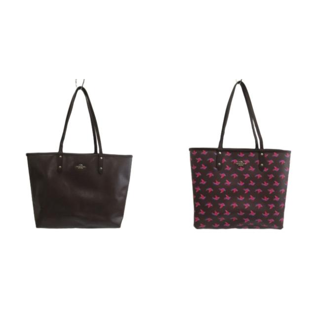 【中古】COACH トートバッグ 肩掛け PVC レザー リバーシブル 鳥 ハッピーバード 総柄 ロゴ シルバー金具 ボルドー