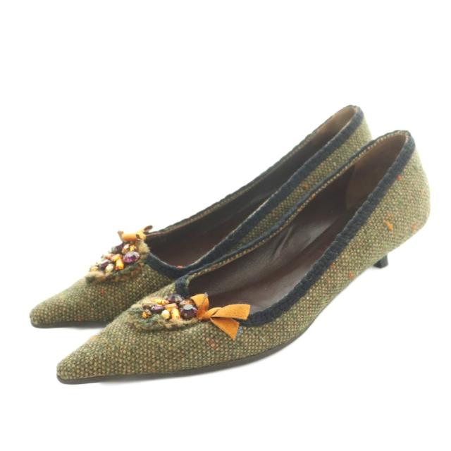 【中古】プラダ PRADA パンプス ポインテッドトゥ ツィード ビジューかざり付ける 36.5 23.5糎 カーキ ベージュ レディース