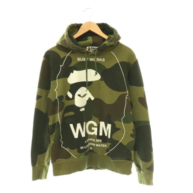 【中古】アベイシングエイプ A BATHING APE パーカー スウェット プルオーバー カモフラ柄 ロゴ 裏起毛 M カーキ