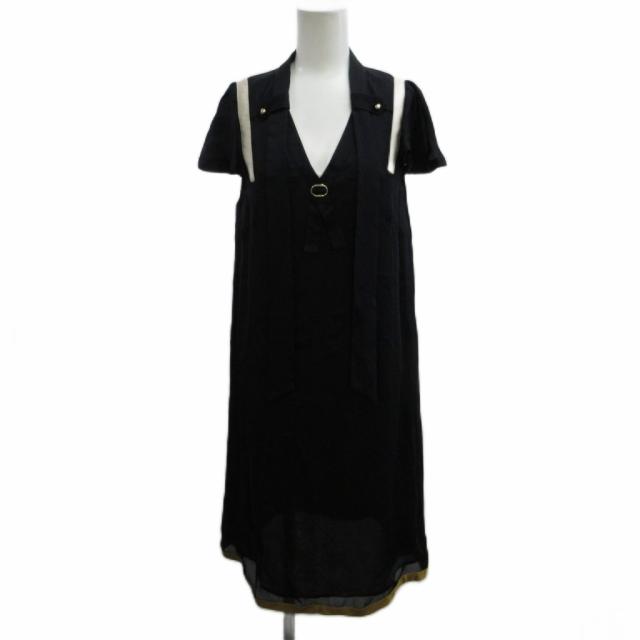 【中古】グッチ GUCCI ワンピース 絹 シルク 38 黒 ブラック マスタード Vネック 半袖 肩ライン装飾 ひざ丈 213908