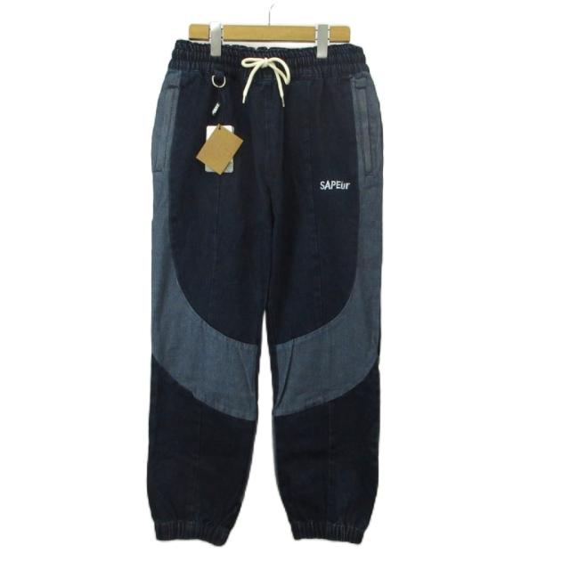 【中古】未使用品 SAPEur DENIM TRACK PANTS ジョガーパンツ イージー 切り替え ロゴ 刺繍 L インディゴ 紺 A0021-176