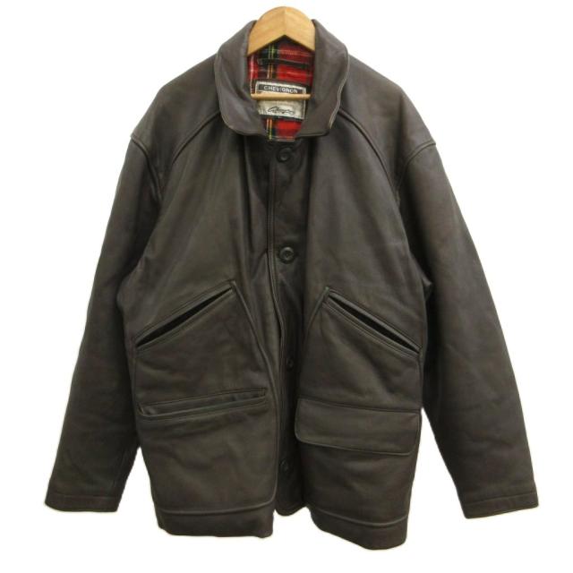 【中古】シェビニオン CHEVIGNON レザージャケット 本革 L 茶 ブラウン 長袖 裏地チェック柄 レギュラーカラー /PP