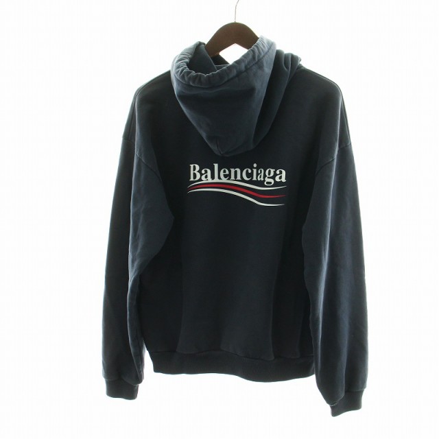 【中古】バレンシアガ BALENCIAGA キャンペーン ロゴ フーディ パーカー スウェット プルオーバー 裏毛 L 紺 ネイビー