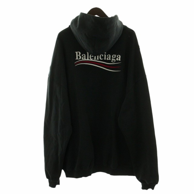 【中古】BALENCIAGA 21AW Political Campaign Hoodie Large Fit ロゴ フーディ パーカー ダメージ加工 M 黒