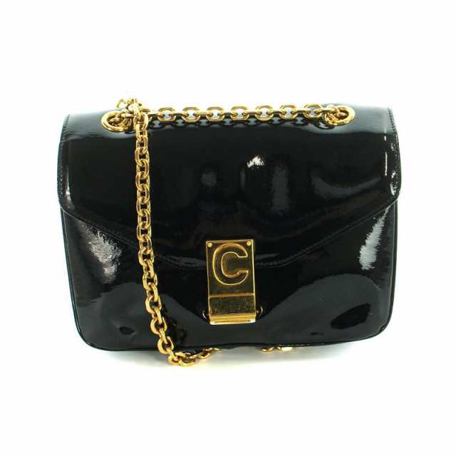 【中古】セリーヌ CELINE ショルダー バッグ ゴールドチェーン Cミディアム パテント レザー エナメル 金色金具 黒の通販は