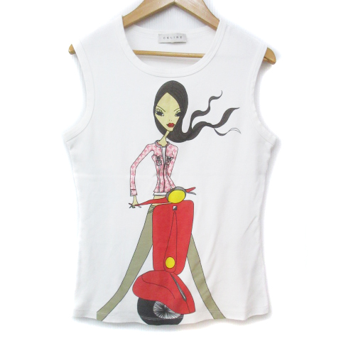 【中古】セリーヌ CELINE カットソー ノースリーブ Uネック プリント ロゴプリント 白 ホワイト ■GY11 レディースの通販は 5,355円