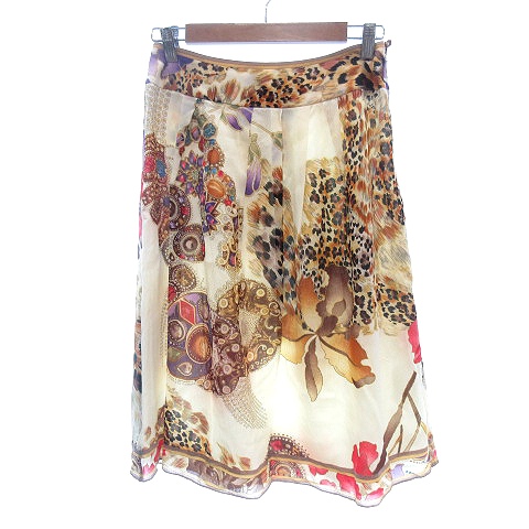【中古】レオナール LEONARD フレアスカート ミモレ ロング レオパード ヒョウ柄 総柄 絹 シルク 67-93 L ベージュの通販は 8,526円