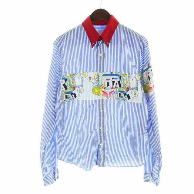 【中古】プラダ PRADA コミック シャツ 長袖 ストライプ ボタンダウン M 青 ブルー 白 ホワイト UCN167 S181 1QVU ■GY18 /MQ メンズの通販は