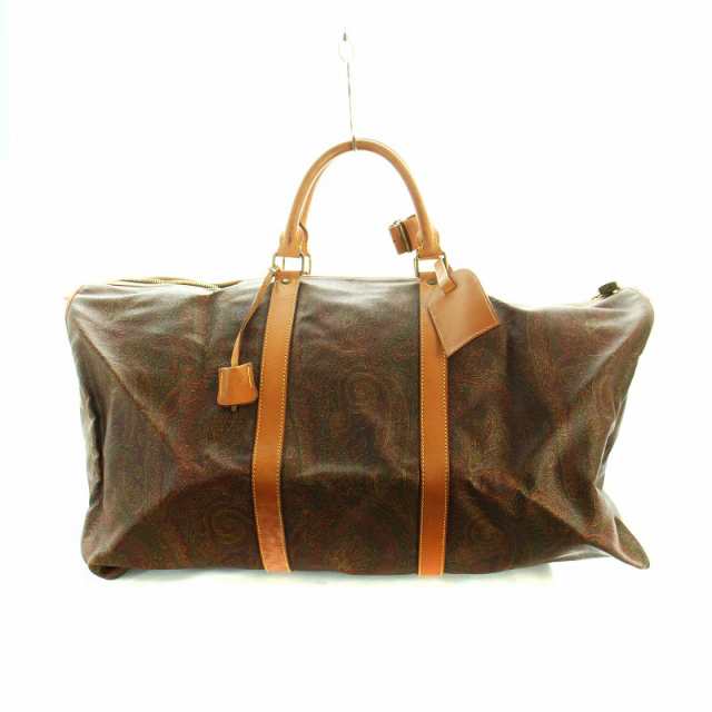 【中古】エトロ ETRO ボストンバッグ 旅行カバン ペイズリー柄 レザー PVC ロゴ 総柄 カデナ付き 茶の通販は