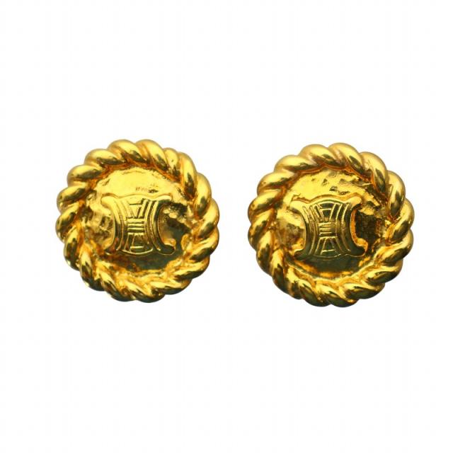 【中古】CELINE オールドセリーヌ ヴィンテージ イヤリング マカダム ブラゾン 両耳用 クリップ ゴールドカラー 金色の通販はイヤリング